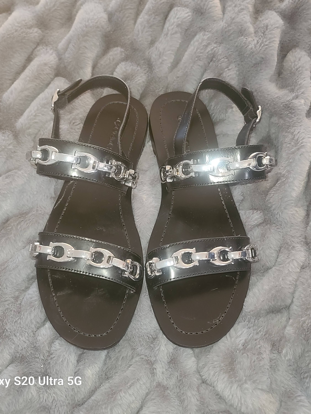 Coach Black Leather Sandals with Silver Chain Trim